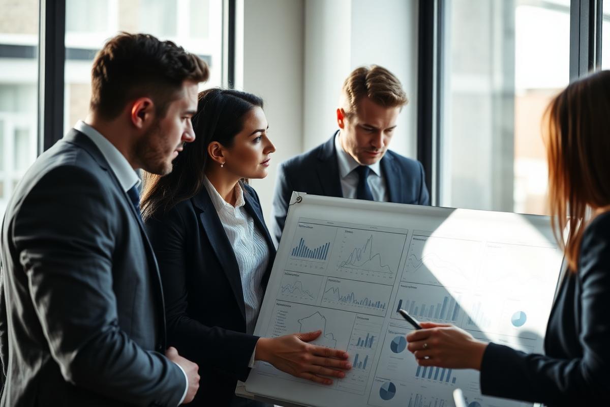Executives analysing data charts on a whiteboard in a sunlit office