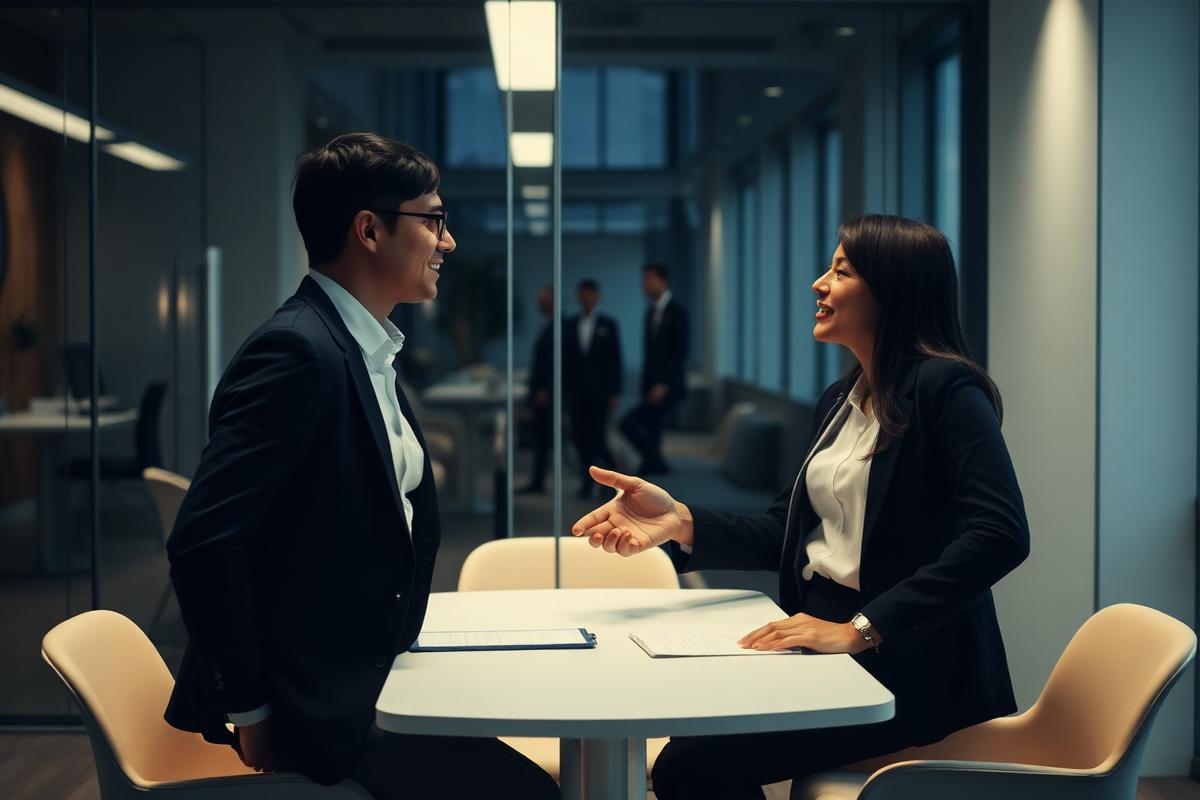 Two business professionals in conversation in a glass meeting room