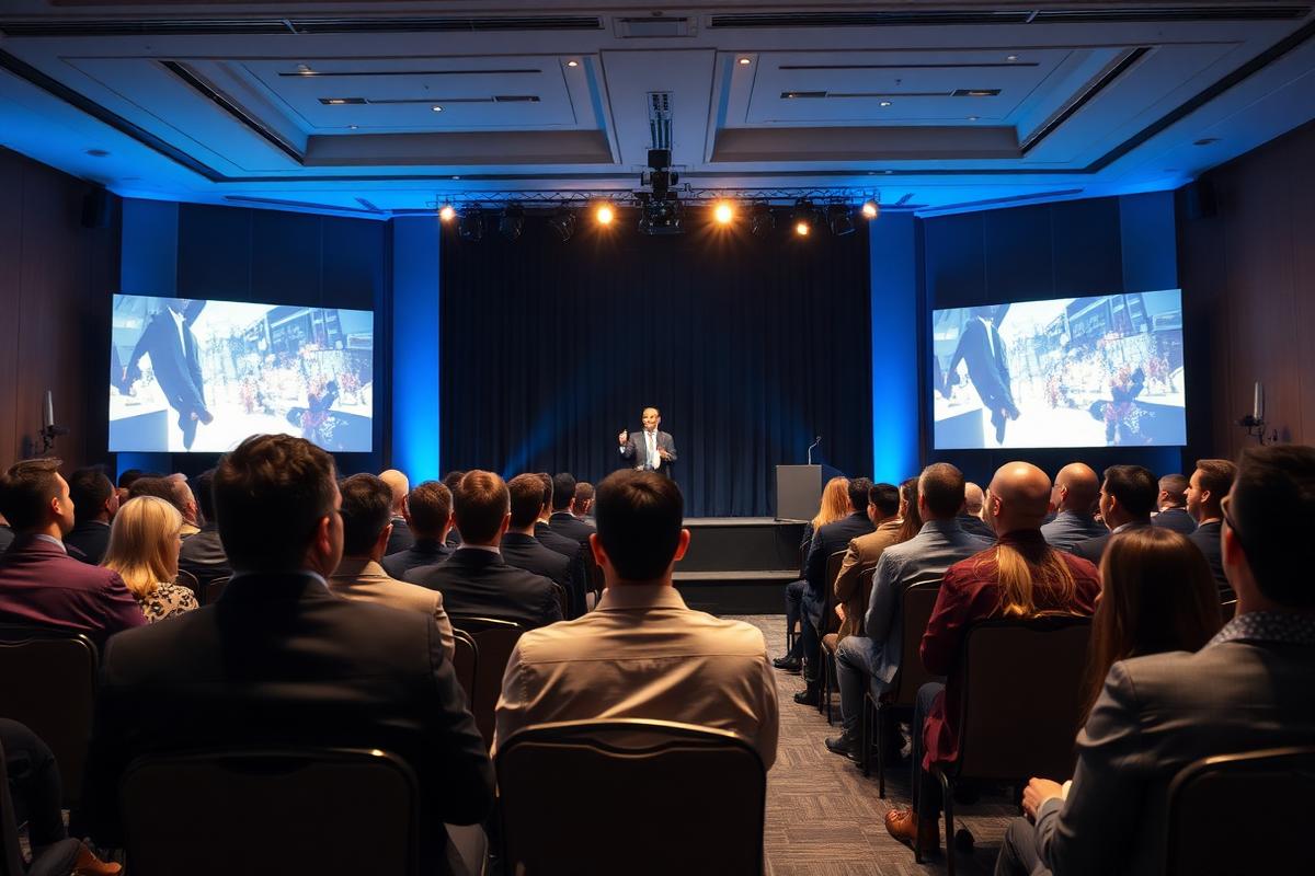 Speaker addressing a seated audience at a corporate sales kickoff