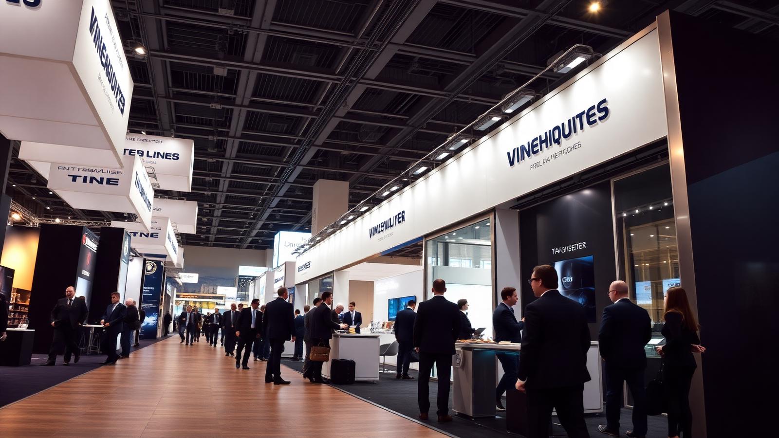 International trade exhibition hall with modern stands and business delegates