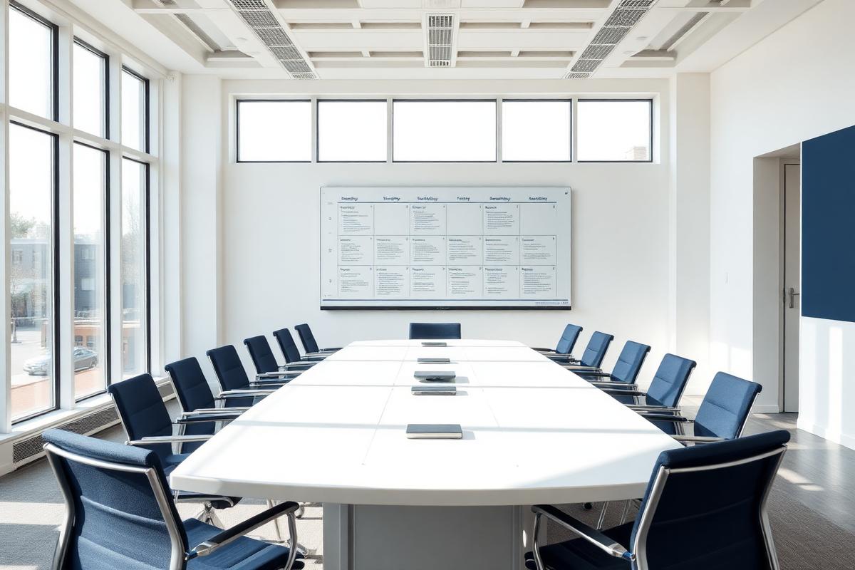 Sunlit corporate boardroom with a strategy roadmap on the wall
