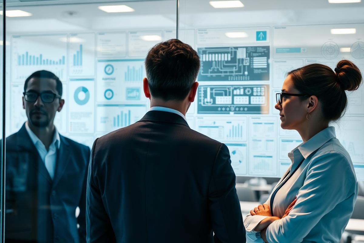 Consultants reviewing technical diagrams and documentation on a glass wall in a modern office