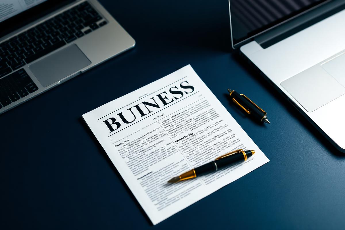 Business journal and fountain pen on a navy desk beside a laptop