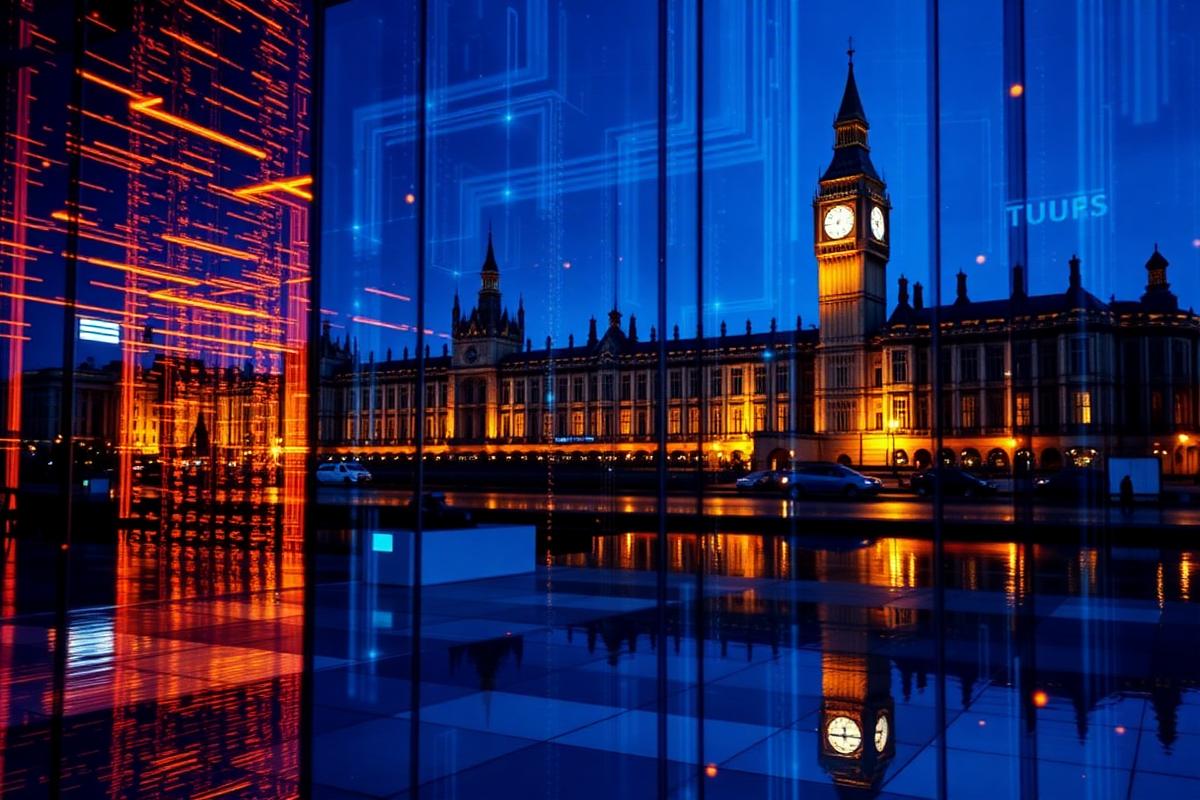 Neural network light patterns reflected over Westminster architecture at night