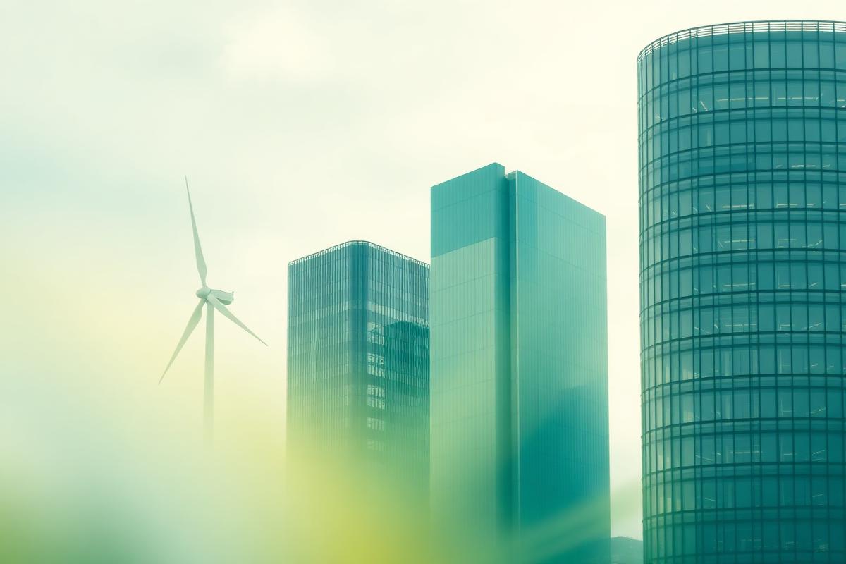 Wind turbine and modern office towers blended in soft teal light